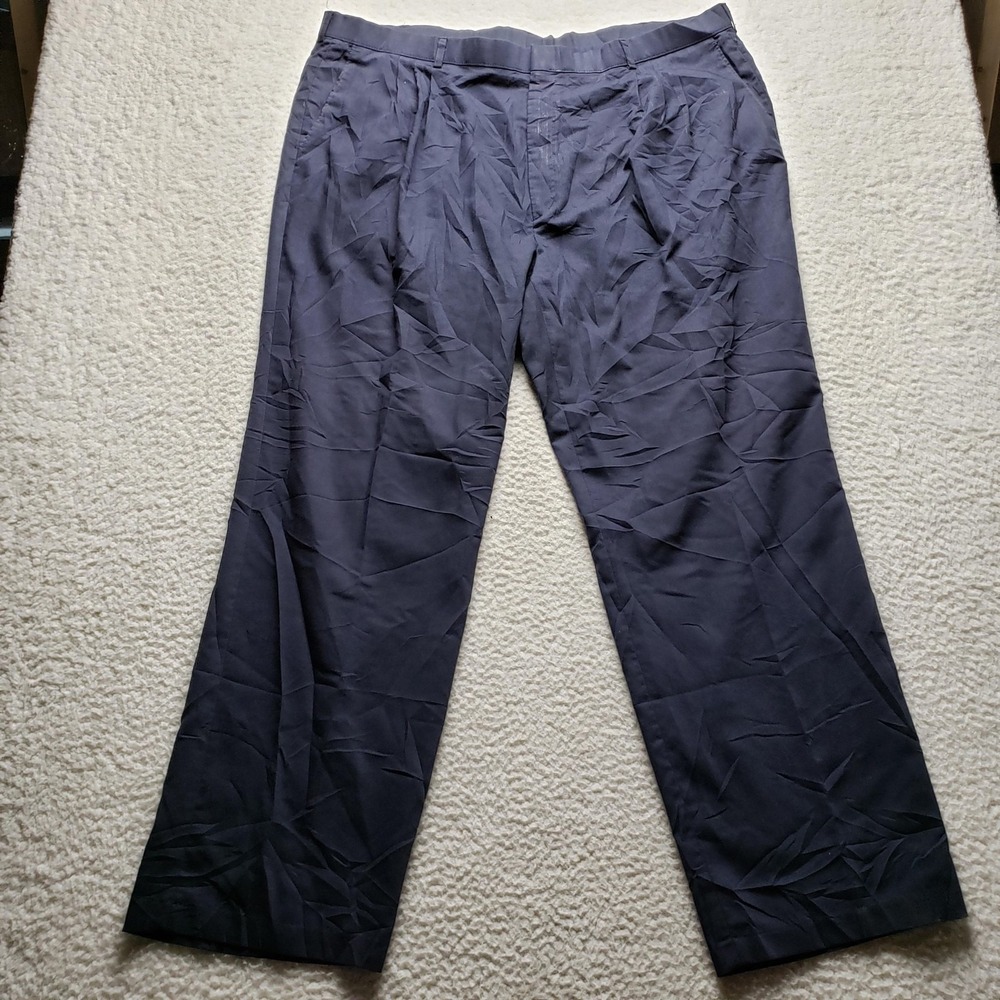 Haggar Dress Pants Mens 44x32 Blue Pleated Classic Fit Microfiber Slacks